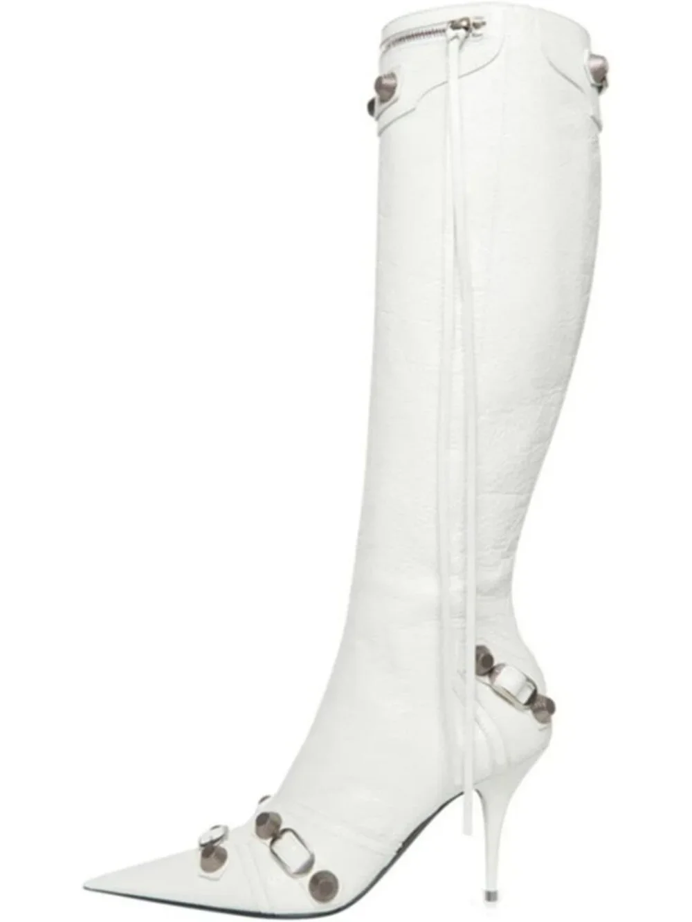 Women's White Faux Leather Zipper Trendy Sexy Pointed Toe Knee High Boots